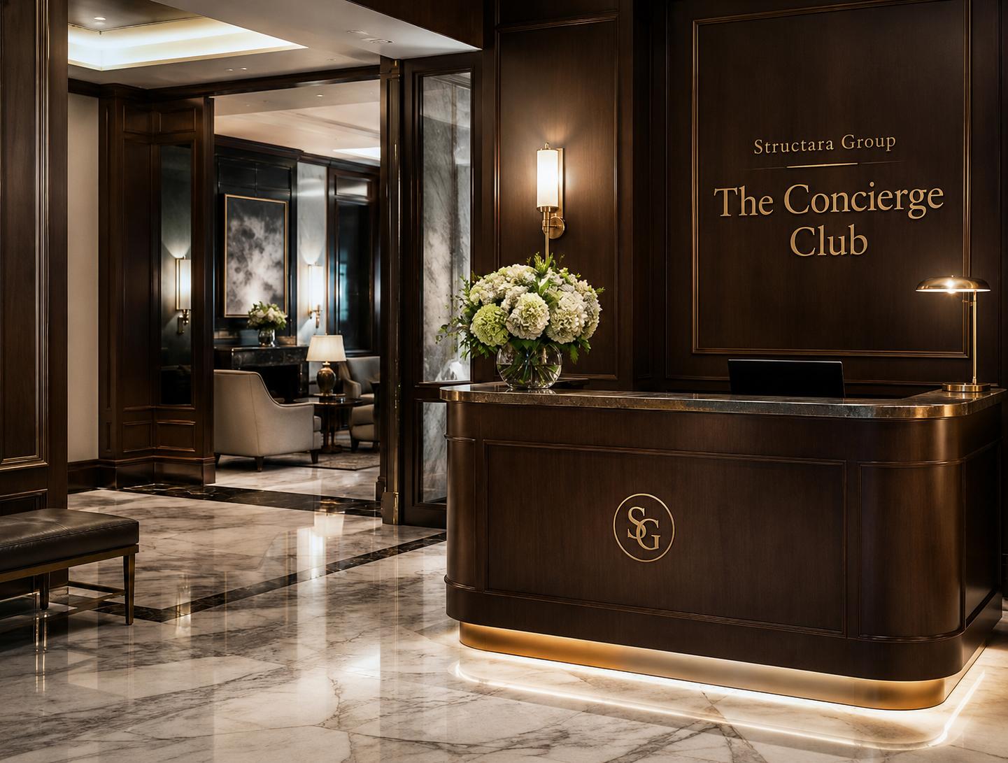Members-club lobby with marble floor and brass detailing
