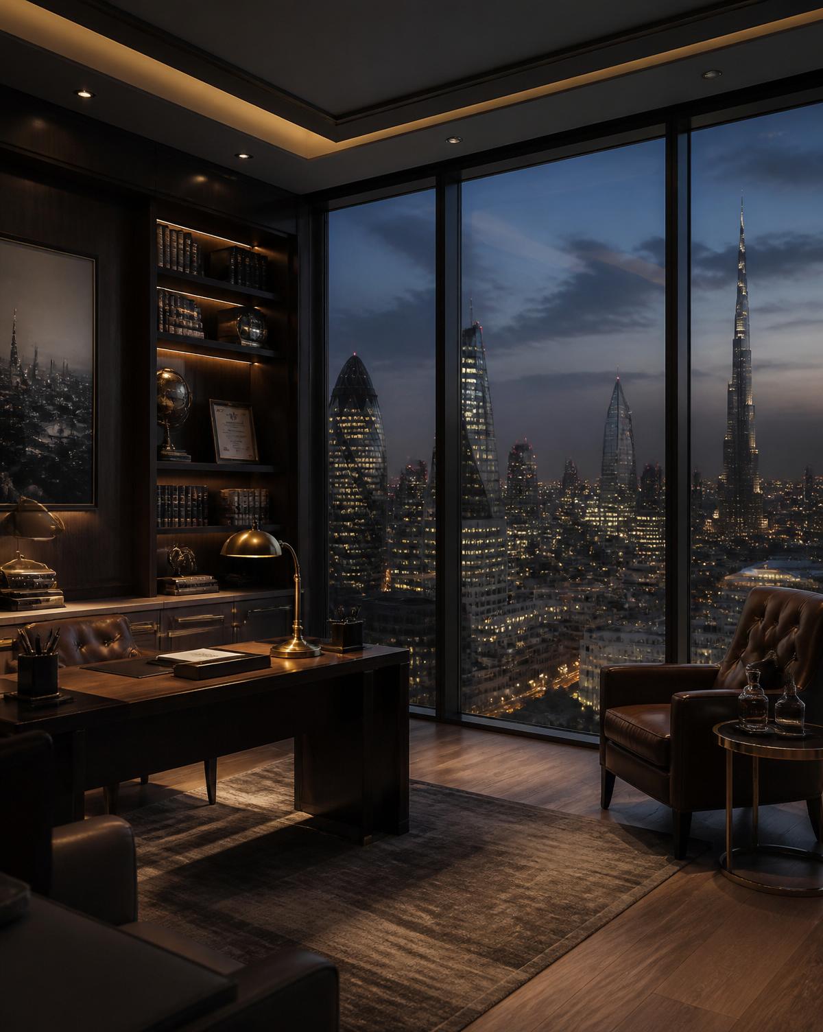Private executive study overlooking an international financial-district skyline at dusk